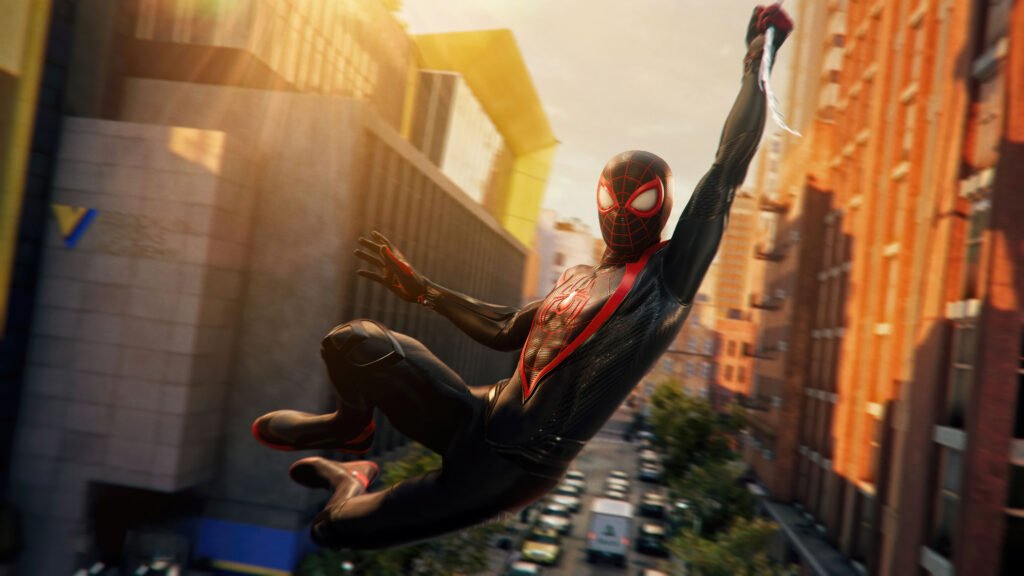 Marvel's Spider-Man 2 Review: Miles Morales swings through the city, showcasing his iconic suit and web-slinging action in this thrilling game.